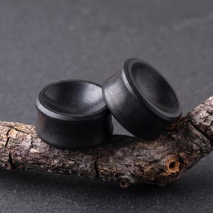 Könnte beinhalten: Ein Paar schwarze Ohr-Plugs mit einer glatten, konkaven Oberfläche und zylindrischer Form. Die Plugs haben ein mattes Finish, eine einheitlich dunkle Farbe und ein schlichtes, abgerundetes Profil, das speziell für das Ohrlochdehnen gedacht ist.