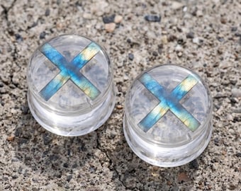 Labradorite Inlay Clear Quartz Ear Plugs Gauges with X Design Cross Stone Body Jewelry Pair 8mm-24mm