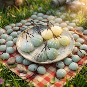 May include: A collection of light green, shell-shaped pendants with black cords, displayed on a plate and scattered on a red and white checkered cloth. The pendants are made of a translucent material, with a ribbed texture. The scene is set outdoors on grass.