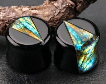 Natural Obsidian Labradorite Inlay Gauges, Iridescent Geometric Flash Plugs, Double Flare Stone Plugs, Custom Sizes Available