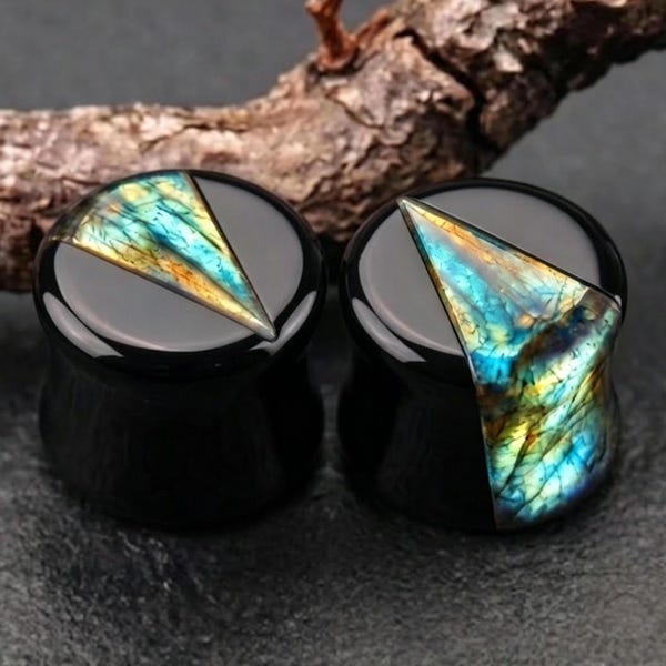 Natural Obsidian Labradorite Inlay Gauges, Iridescent Geometric Flash Plugs, Double Flare Stone Plugs, Custom Sizes Available
