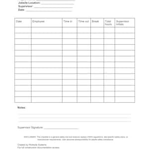 May include: A white paper document titled "JOBSITE EMPLOYEE TIME LOG" with sections for project details, employee time tracking, and supervisor information. Includes fields for date, time in/out, and total hours. A disclaimer and website address are at the bottom.