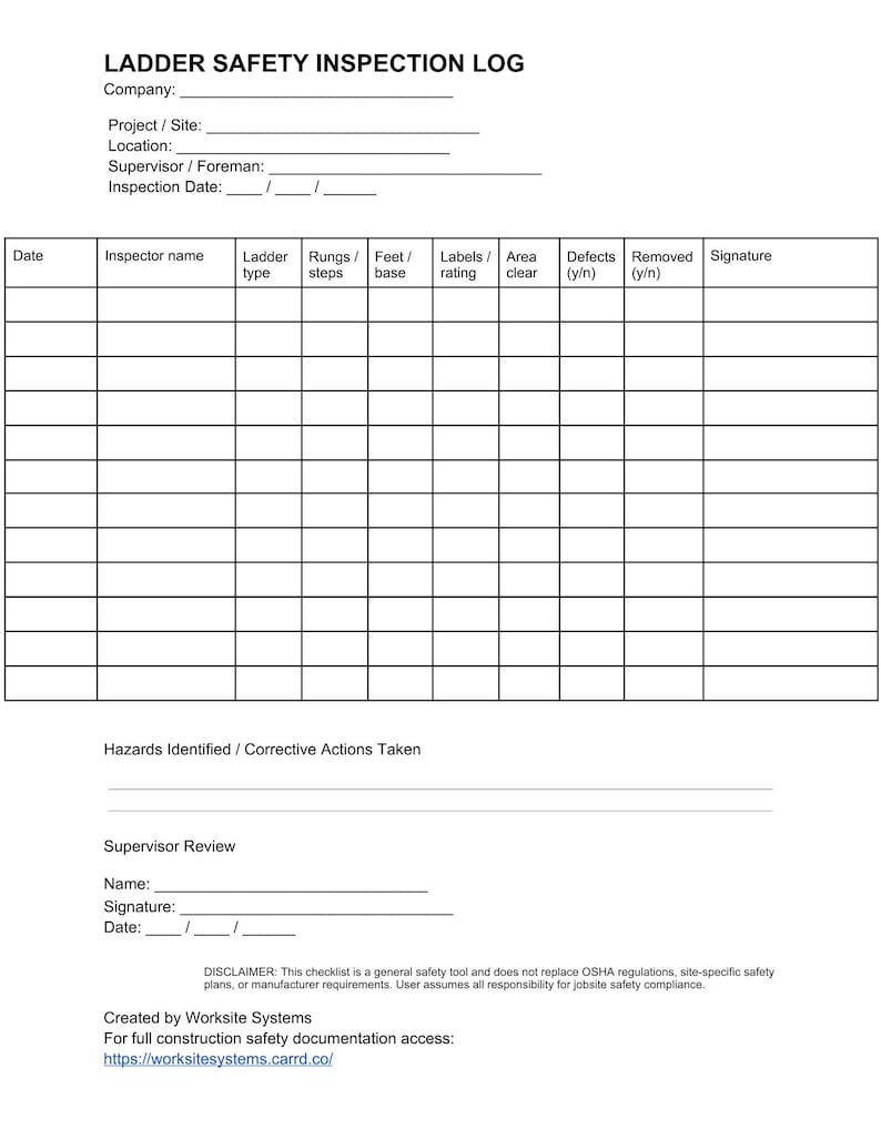 Ladder Safety Inspection Log PDF | Construction Ladder Checklist ...