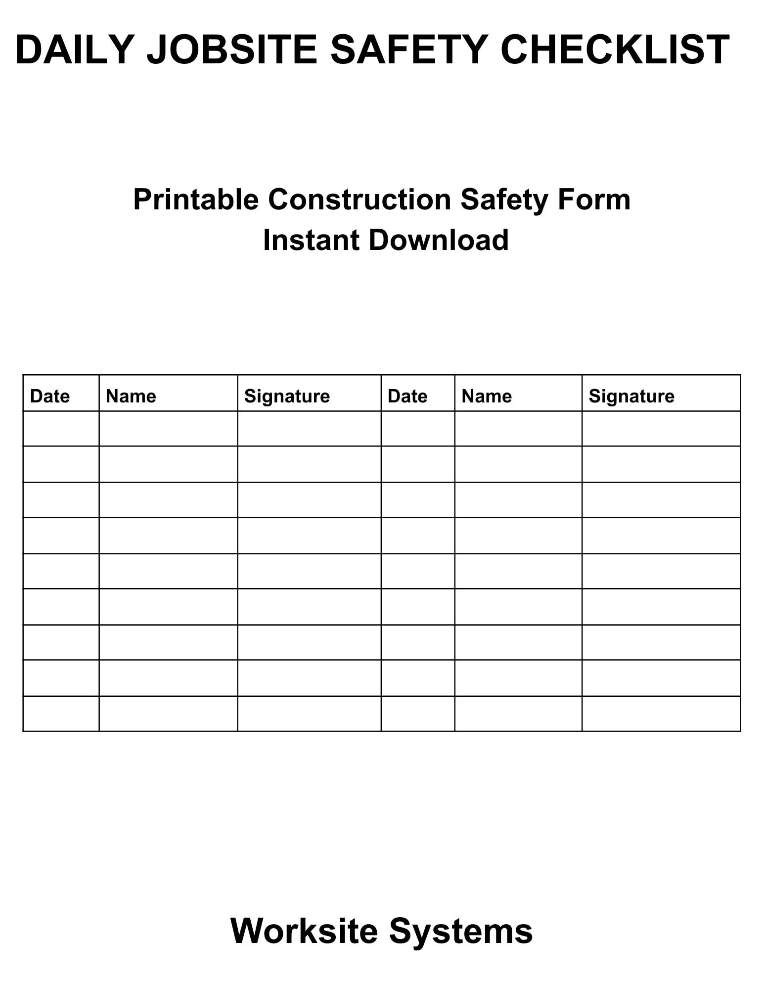 Daily Jobsite Safety Checklist | Construction Safety Form | Printable ...