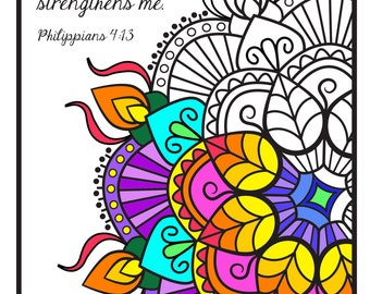 Scripture Coloring Page Printable Doodle ~ Zentangle Mandala Flower ~ Black and White Art