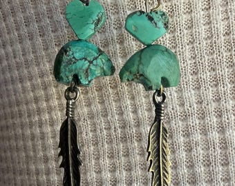 Zuni Bear Earring Carved Turquoise Love Hearts