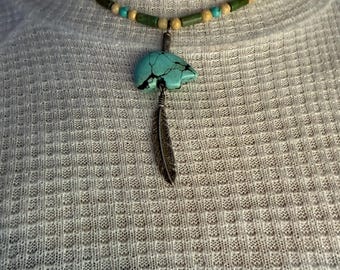 Native American Spirt Bear Feather Pendant Green Turquoise Heishi Necklace Handrolled