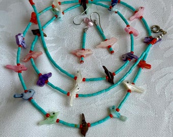 Zuni vogel ketting en oorbellen set turkoois kralen