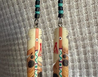 Vintage Native American Feather Earrings Hand carved and painted