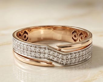 Rose Gold Crossover Diamond Band | Two-Tone Pavé Wedding Ring | Bypass Statement Ring