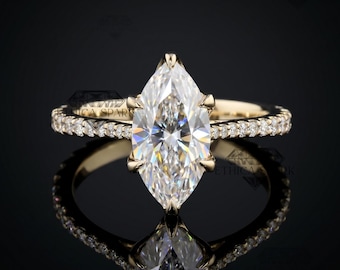 Marquise Moissanite Engagement Ring | Gold Pavé Band | Cathedral Solitaire Ring | Unique Proposal Ring for Her | Anniversary Gift