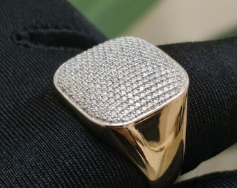 Iced Out Cushion Face Shape and Moissanite Round Diamond Signet Ring, Men's Pavé Gold Statement Ring, Hip Hop Luxury Band, Bold Gift for Him