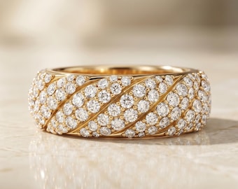 Sculpted cable band ring, gold pavé band, twisted cable setting, Bridal Statement Ring, Gift for Her