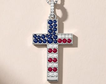 American Flag Cross Pendant, Ruby Sapphire Moissanite Patriotic Necklace, Red White Blue Cross Jewelry, USA Flag Religious Gift
