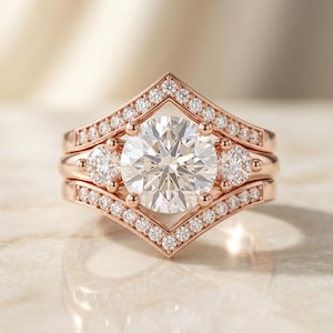 Moissanite Engagement Ring Set, Three Stone Diamond Chevron Bridal Ring, Geometric Halo Wedding Set, Art Deco Bridal Ring