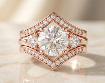 Moissanite Engagement Ring Set, Three Stone Diamond Chevron Bridal Ring, Geometric Halo Wedding Set, Art Deco Bridal Ring