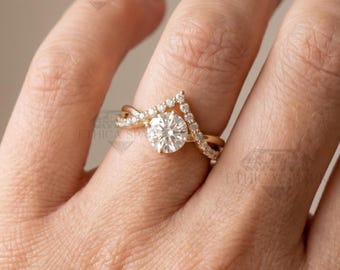 Moissanite Engagement Ring | Round Cut Split Shank Pavé Band Bridal Ring