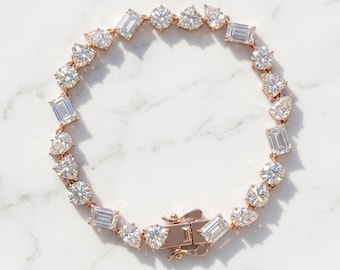 Multi Shape Moissanite Tennis Bracelet | Round Emerald Pear Heart Cut Diamond Jewelry | Mixed Cut Moissanite Bracelet for Women