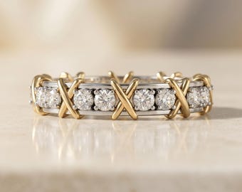 Two-Tone X Eternity Band, Crisscross Diamond Wedding Band, Schlumberger Inspired Sixteen Stone Ring, Gold and Sterling Silver Stackable Band