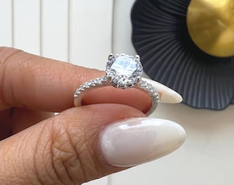1 Ct Round Moissanite Engagement Ring | Hidden Halo Pavé Band, Solid Gold Cathedral Ring