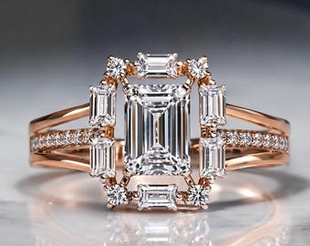 2 Carat Emerald Cut Moissanite Ring | Baguette Halo Split Shank | Art Deco Engagement Ring | Anniversary Gift for Her