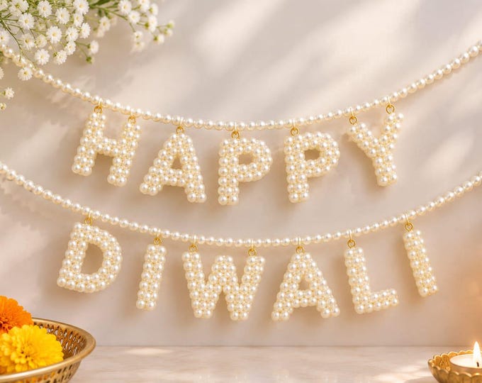 Featured listing image: Happy Diwali Pearl Garland, 3D Ivory Pearl Letter Banner, Handmade Festive Home Decor, Elegant Diwali Party Decoration