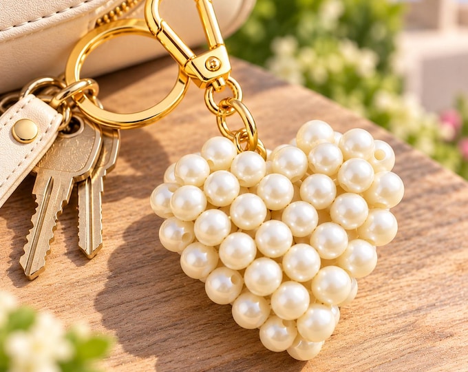 Featured listing image: Ivory Beaded Heart Keychain, Handmade Heart Bag Charm, Pearl Look Purse Charm, Cute Key Ring, Gold Tone Bag Accessory, Gift for Her