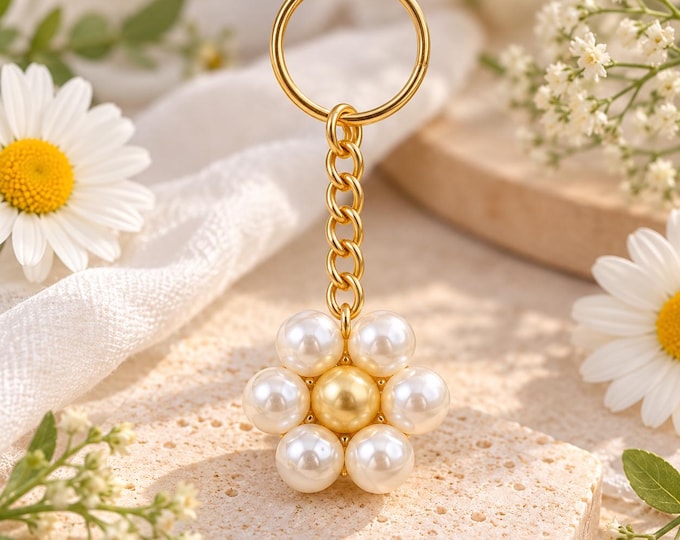 Featured listing image: Pearl Flower Bag Charm, Handmade Pearl Keychain, Gold Floral Purse Charm, Beaded Handbag Accessory, Cute Gift for Her, Elegant Bag Decor