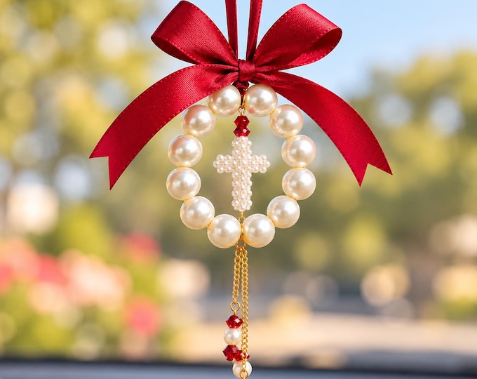 Featured listing image: Pearl Car Hanging Ornament with Cross, Red Bow Car Charm, Handmade Rearview Mirror Decor, Christmas Car Accessory, Religious Gift