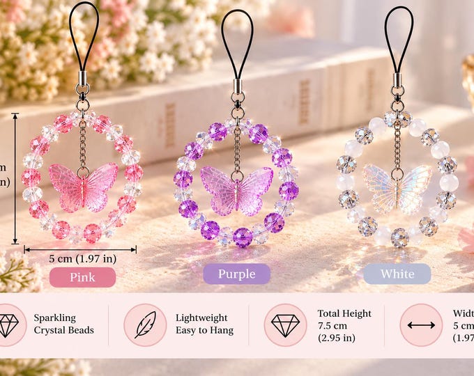 Featured listing image: Butterfly Beaded Charm, Crystal Butterfly Phone Charm, Handmade Bag Charm, Sparkling Beaded Keychain, Cute Gift for Her, Pink Purple White