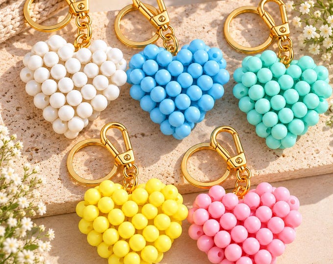 Featured listing image: Handmade Beaded Heart Keychain, Colorful Heart Bag Charm, Beaded Purse Charm, Cute Key Ring, Pastel Bag Accessory, Gift for Her