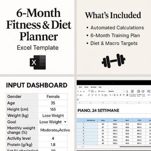 May include: A digital 6-Month Fitness & Diet Planner Excel template. The image includes a dashboard with input fields for gender, age, height (in cm), and weight (in kg). The planner includes automated calculations, a 6-month training plan, and diet targets.