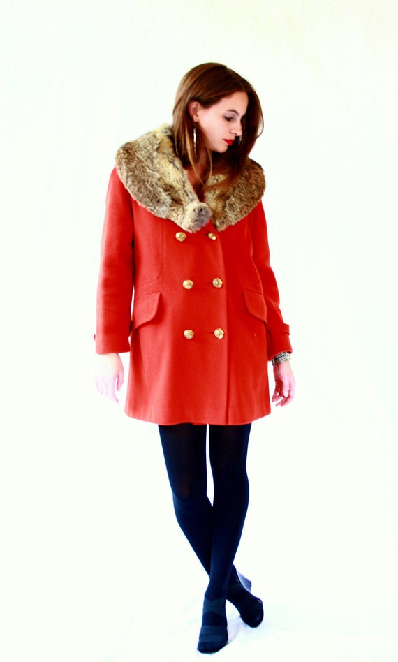 Items similar to Vintage Burnt Orange Winter Coat with Fox Fur Collar