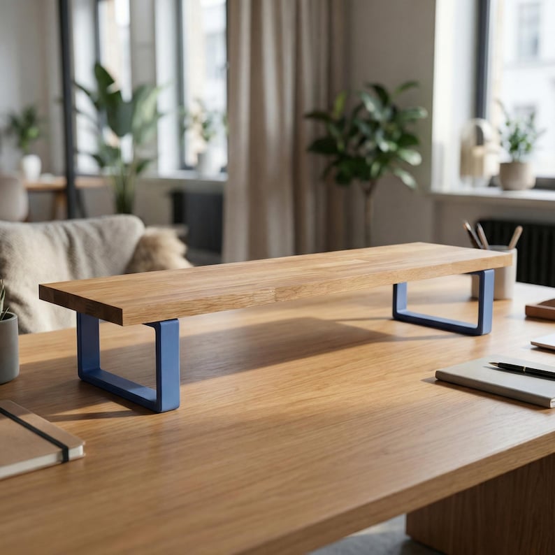 May include: A wooden desk riser with a natural wood finish and blue metal legs. The rectangular platform is elevated by two U-shaped supports, creating space underneath. This desk accessory is designed to raise a monitor or laptop.