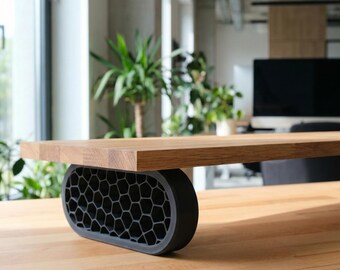 QuickDove Organic Oval | Skrivbordshylla i massiv ek, skärmförhöjare | Modulärt skrivbordsstativ