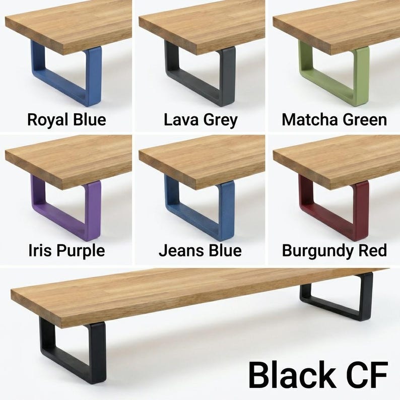 May include: Wooden table with a light brown surface and various coloured metal legs. Colours include royal blue, lava grey, matcha green, iris purple, jeans blue, burgundy red, and black. The text "Royal Blue", "Lava Grey", "Matcha Green", "Iris Purple", "Jeans Blue", "Burgundy Red", and "Black CF" are displayed.