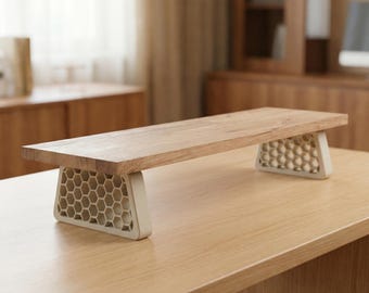 QuickDove sexkantstrapetsformad | Skrivbordshylla i massiv ek, skärmförhöjare | Modulärt skrivbordsstativ