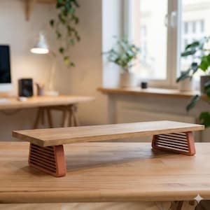 Estante elevador de monitor/soporte modular de escritorio QuickDove Horizon de roble macizo/trapecio