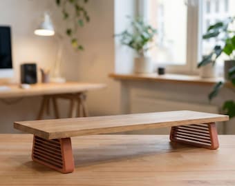 QuickDove Horizon Trapetsformad | Skrivbordshylla i massiv ek, skärmförhöjare | Modulärt skrivbordsstativ