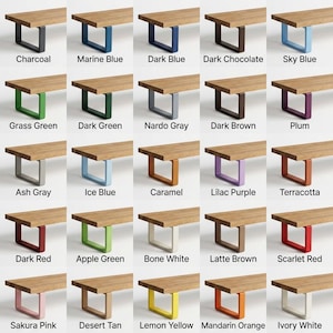 May include: A selection of wooden tables with metal legs in a range of colours. The leg colours include charcoal, marine blue, dark blue, dark chocolate, sky blue, grass green, dark green, nardo grey, dark brown, plum, ash grey, ice blue, caramel, lilac purple, terracotta, dark red, apple green, bone white, latte brown, scarlet red, sakura pink, desert tan, lemon yellow, mandarin orange, and ivory white.