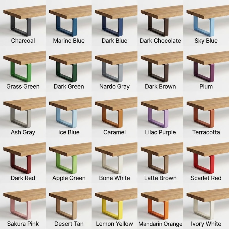 May include: A selection of wooden tables with metal legs in a range of colours. The leg colours include charcoal, marine blue, dark blue, dark chocolate, sky blue, grass green, dark green, nardo grey, dark brown, plum, ash grey, ice blue, caramel, lilac purple, terracotta, dark red, apple green, bone white, latte brown, scarlet red, sakura pink, desert tan, lemon yellow, mandarin orange, and ivory white.