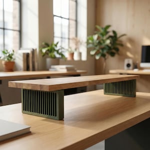 Estante de escritorio rectangular de roble macizo QuickDove con pilar, elevador de monitor y soporte modular para escritorio