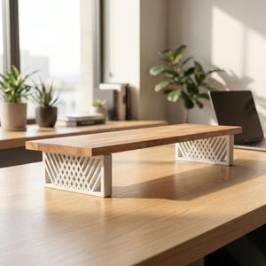 Estante de escritorio rectangular QuickDove Diamond Truss de roble macizo, soporte para monitor y soporte modular para escritorio