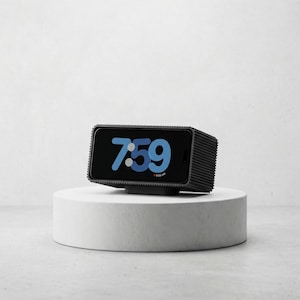 May include: A black digital alarm clock displaying the time 7:59 AM. The clock has a rectangular shape with a ridged texture and is set on a white cylindrical stand. The background is a plain white.
