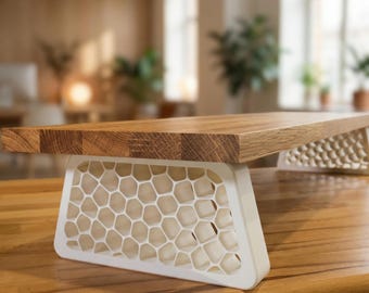 QuickDove Organisk Trapetsformad | Skrivbordshylla i massiv ek, skärmförhöjare | Modulärt skrivbordsstativ