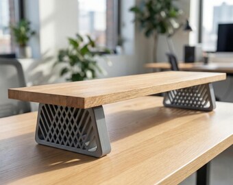 QuickDove Diamond Truss Trapetsformad | Skrivbordshylla i massiv ek, skärmförhöjare | Modulärt skrivbordsstativ