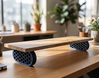 QuickDove Hex Oval | Skrivbordshylla i massiv ek, skärmförhöjare | Modulärt skrivbordsstativ