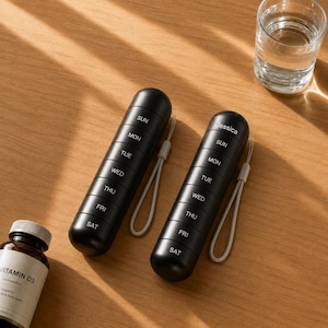 Gepersonaliseerde wekelijkse pillendoos, aangepaste 7-daagse reismedicijnkoffer, strakke zwarte vitaminehouder, esthetische dagelijkse pillendoosdispenser