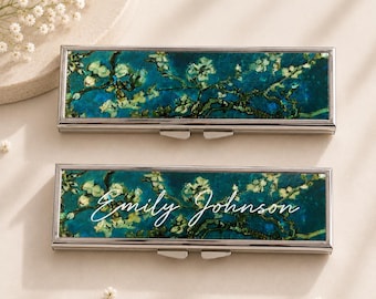 Personalized Almond Blossom Pill Box, Van Gogh Inspired Weekly Pill Organizer, Travel Medicine Case, Floral Vitamin Holder Gift for Women