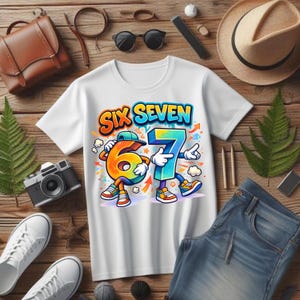 Op de afbeelding: Wit T-shirt met de tekst "SIX SEVEN" in een kleurrijke cartoonstijl. De cijfers 6 en 7 zijn gepersonifieerd met armen, benen en schoenen. De afbeelding bevat accessoires zoals een camera, zonnebril en een hoed.